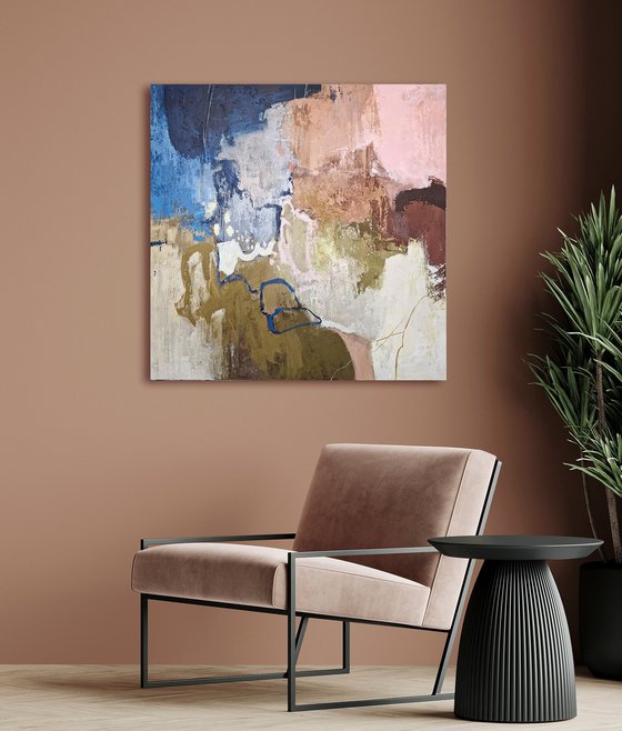 "Grace 2" Navy blue olive pink abstract art