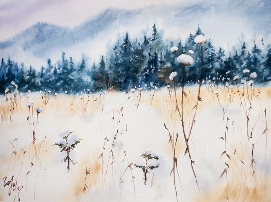 Winter Forest. Small watercolor painting blue mist mountain nature landscape interior decor