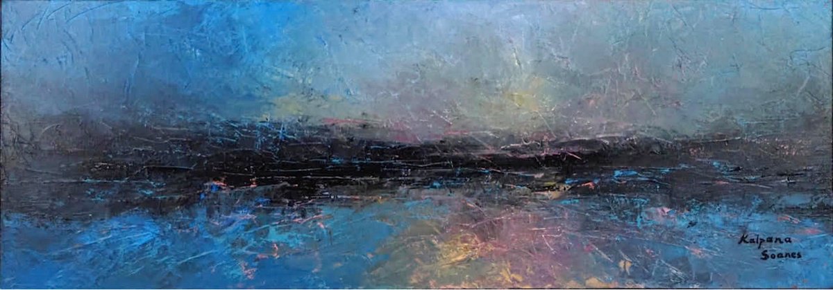 Impressionistic Landscape Oil Painting By Kalpana Soanes, 40 X 14", Silent Shore, Original Artwork