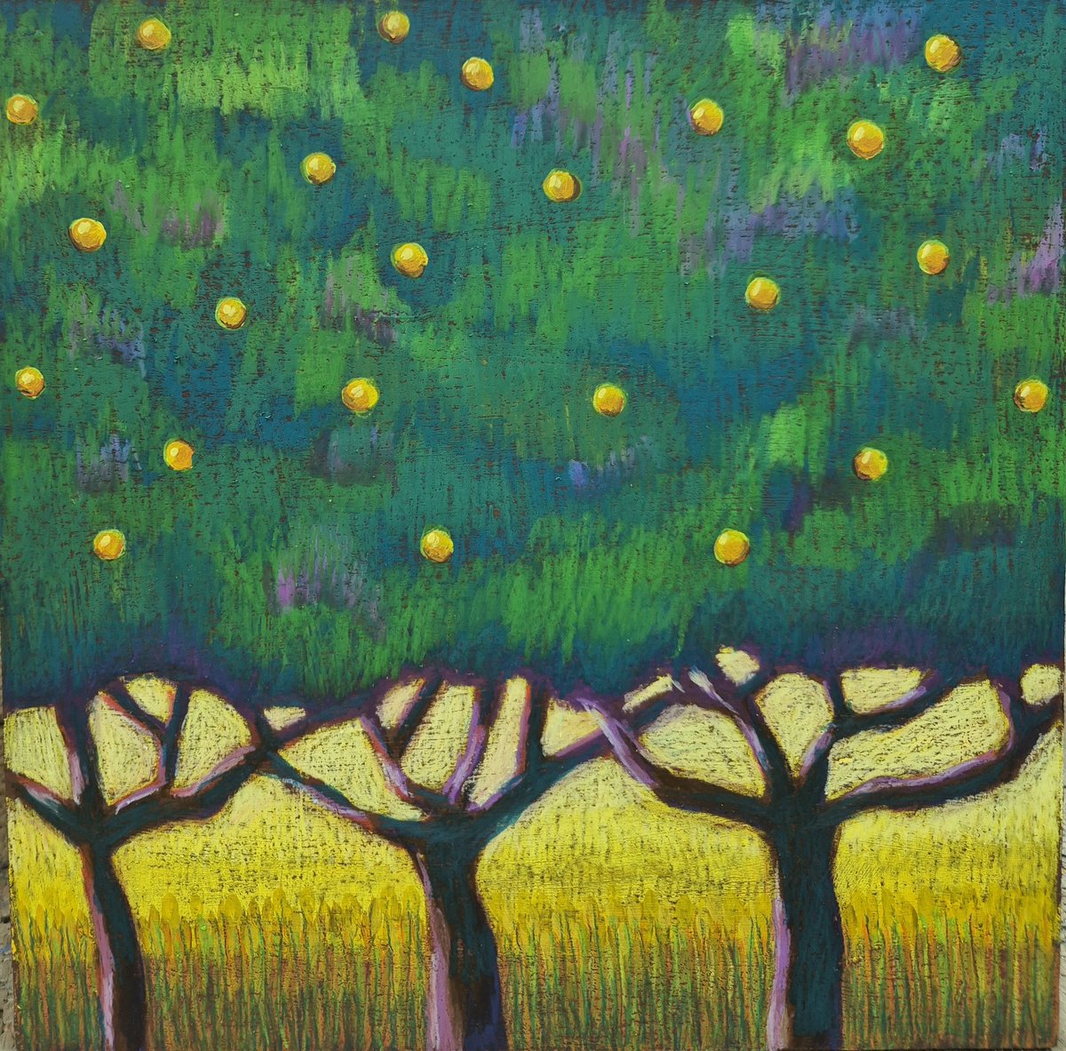 Impressionistic Landscape Painting By Gitti Gv, 12 X 12, Yellow Fruit Trees, Original Artwork