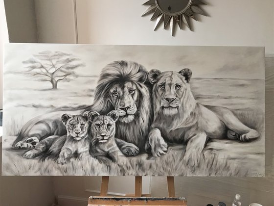 Oil painting with lions "Family" 150 * 75 cm