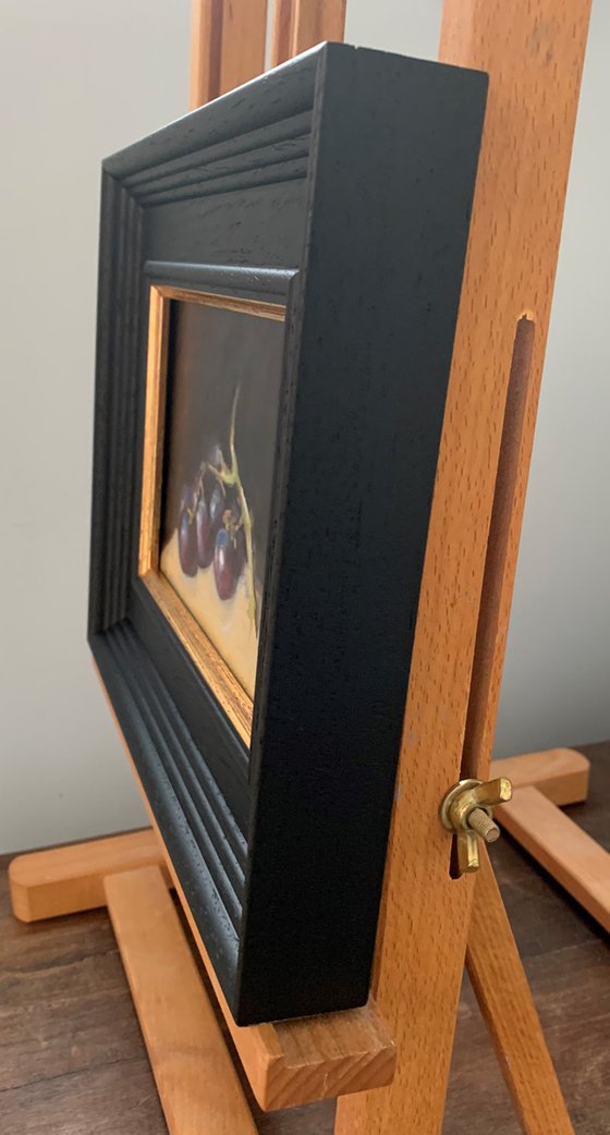 Grapes Still Life original oil realism painting, with wooden frame.