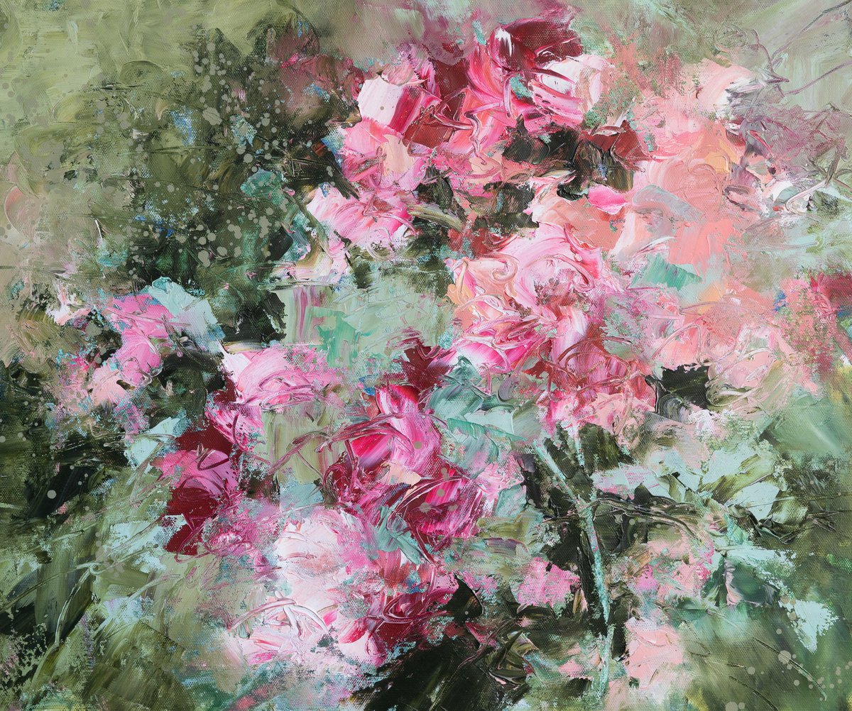 Impressionistic Botanical Oil Painting By Fabienne Monestier, 24 X 20, Pink And Green Garden, Original Artwork