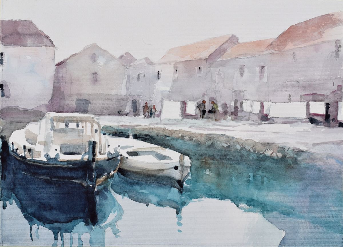 Impressionistic Landscape Watercolour By Goran Zigolic Watercolors, 17 X 12, Adriatic Sea Harbor, Original Artwork