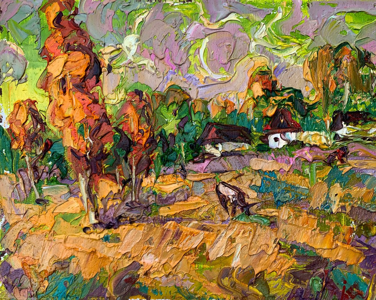 Impressionistic Landscape Oil Painting By Kalenyuk Alex, 10 X 8", The Cows Are Grazing, Original Artwork