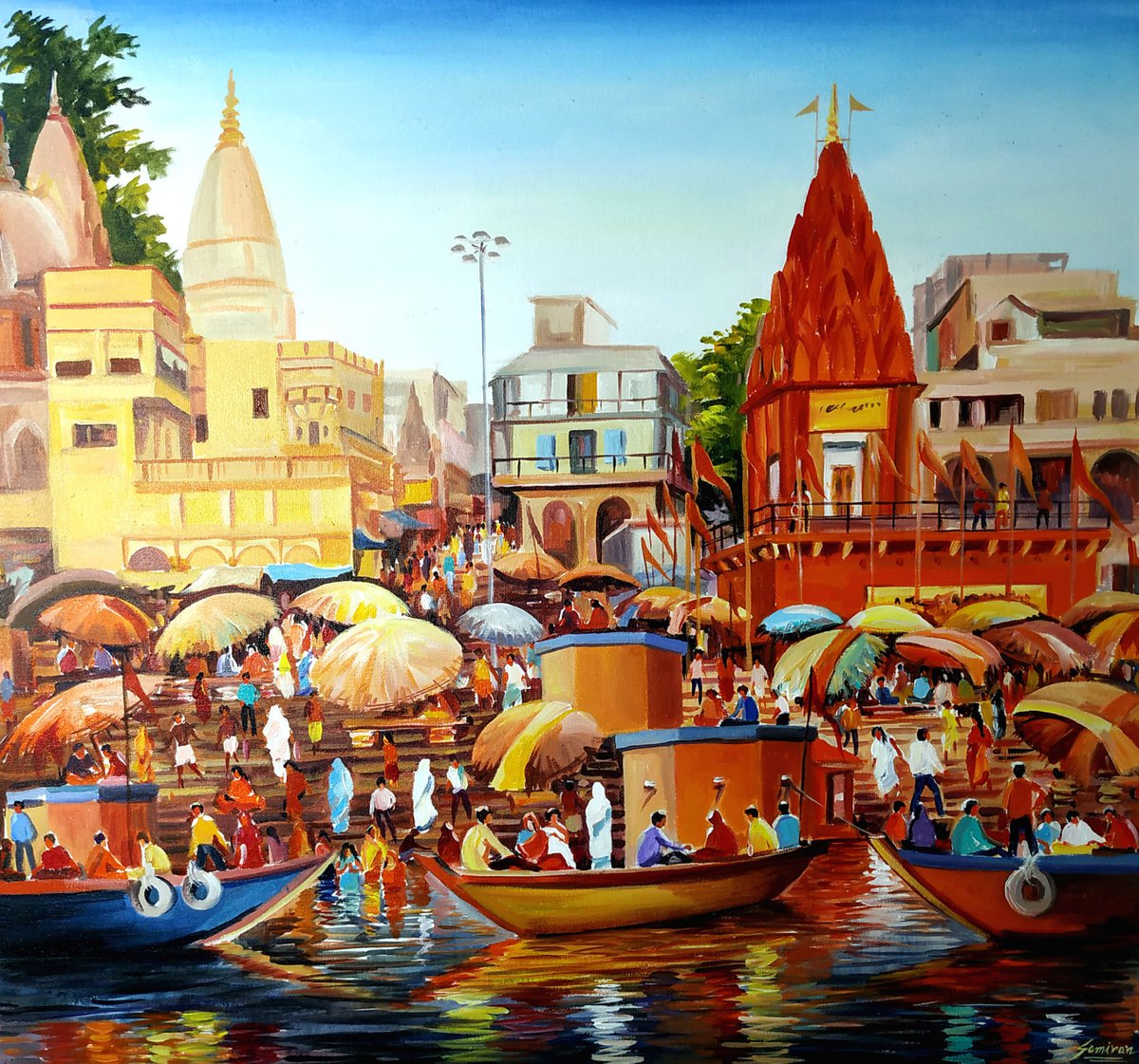 Impressionistic Cityscapes Acrylic Painting By Samiran Sarkar, 32 X 30", Colorful Morning Varanasi Ghat, Original Artwork