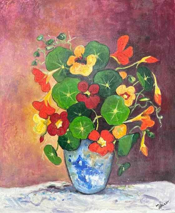 Nasturtiums blue & white vase