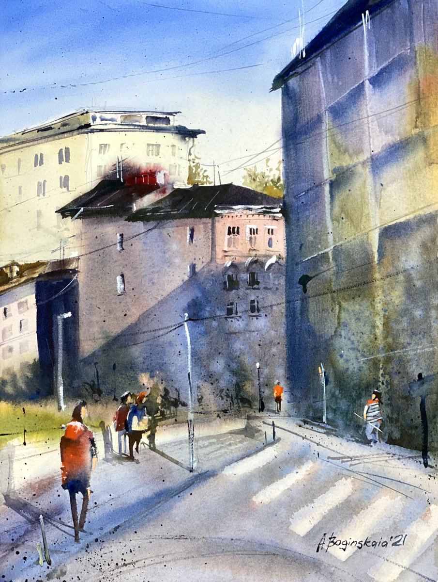Colourful street - original watercolor cityscape by Anna Boginskaia