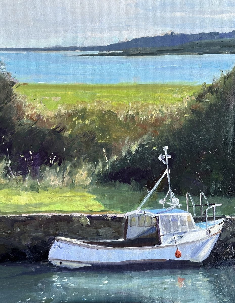 Safe harbour with white boat by Toni Swiffen