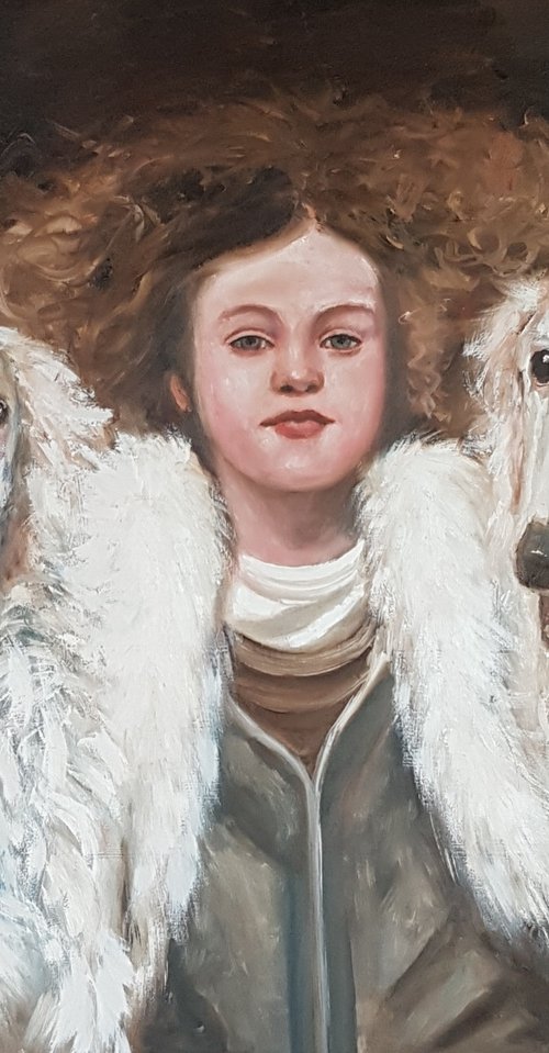 Girl with borzoi dogs by Els Driesen