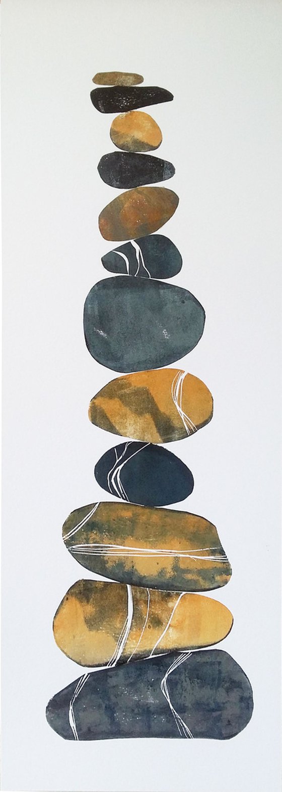 Zen stones - Twelve stones #3  ( banded balancing stones lino/monoprint)