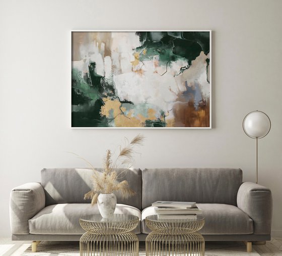 "Green Flash" Green gold brown abstract art