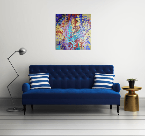 Chinoiserie  ( vibrant semi abstract flower painting with gold - ready to hang)