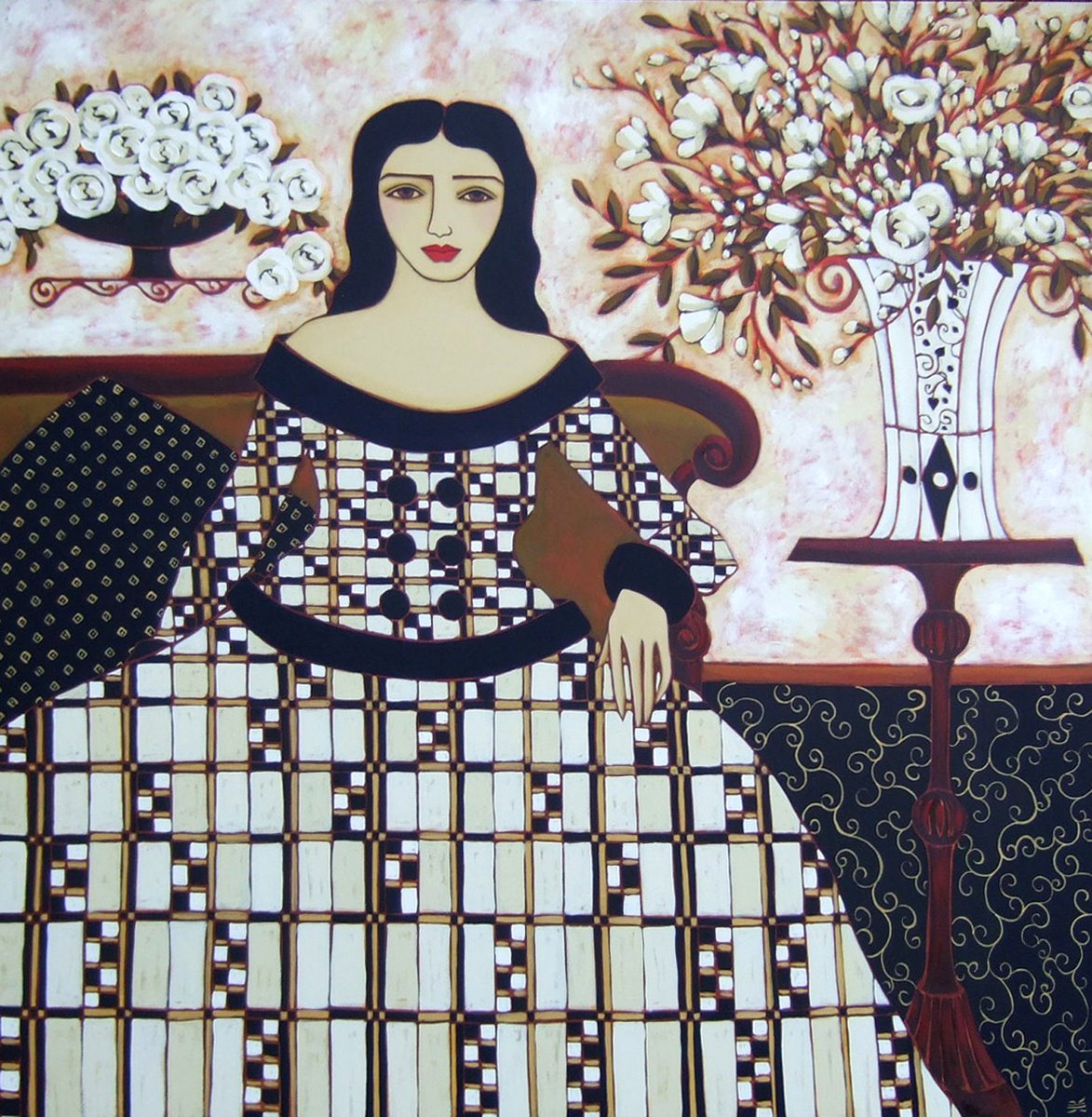 Impressionistic Portrait Oil Painting By Karen Rieger, 48 X 48", Viennese Gown & Freesias, Original Artwork