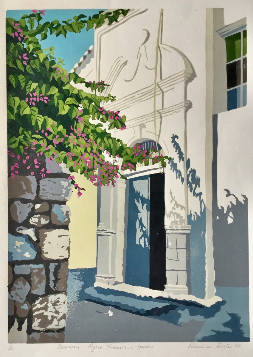 Cityscapes Linocut By Rosalind Forster, 17 X 22", Doorway Aghios Thodosis Spetses, Original Artwork