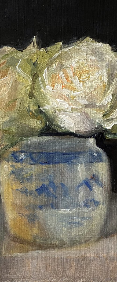 Original Oil Painting Still Life White Roses in a Vintage Ginger Pot. by Jackie Smith