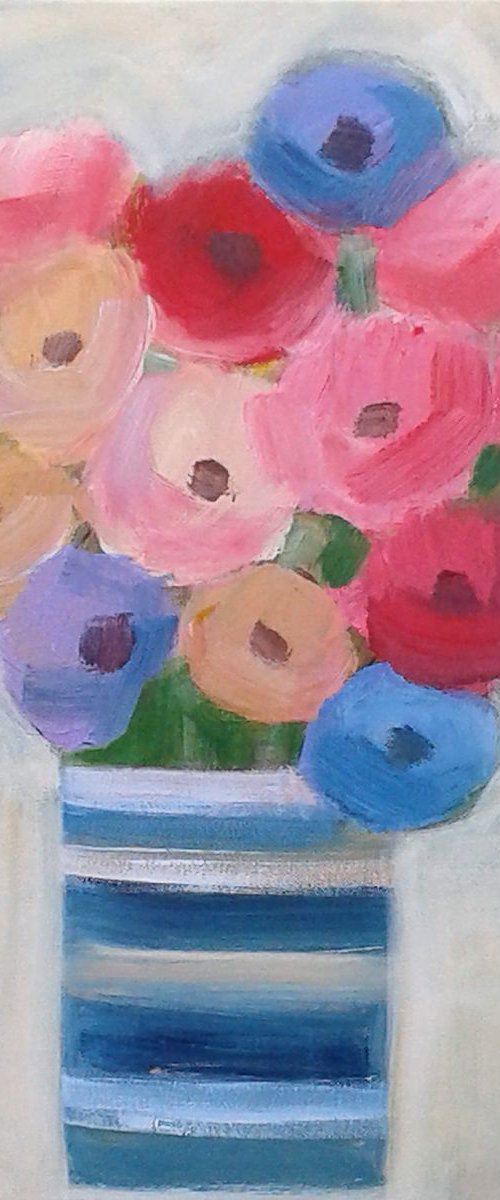 Summer Flowers in a Blue and White Vase by Jan Rippingham