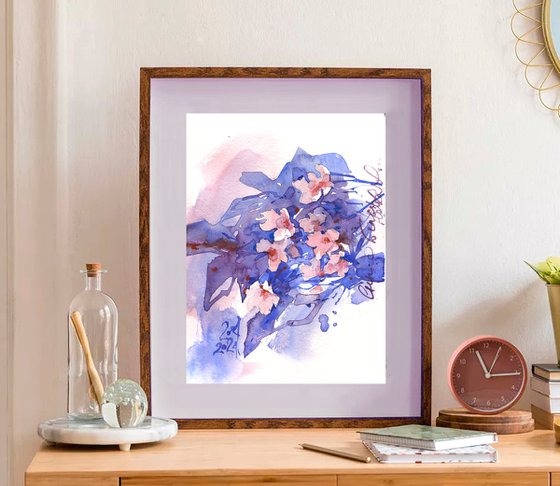 "Dreams of White Nights" original watercolor in blue and orange tones blooming branches