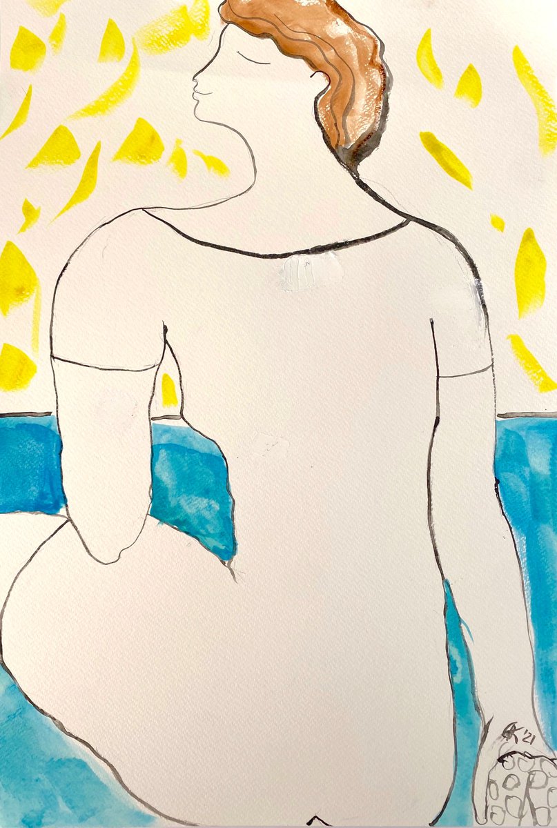 Naive Portrait Watercolour By Ksenia Kozhakhanova, 14 X 20", "Summer Breeze", Original Artwork