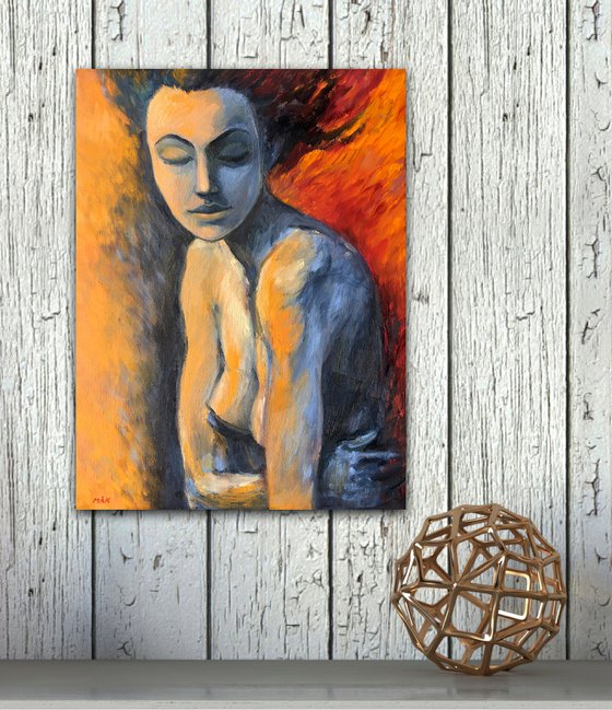BREATHING - nude woman oil painting fire water red indigo gift for him present idea