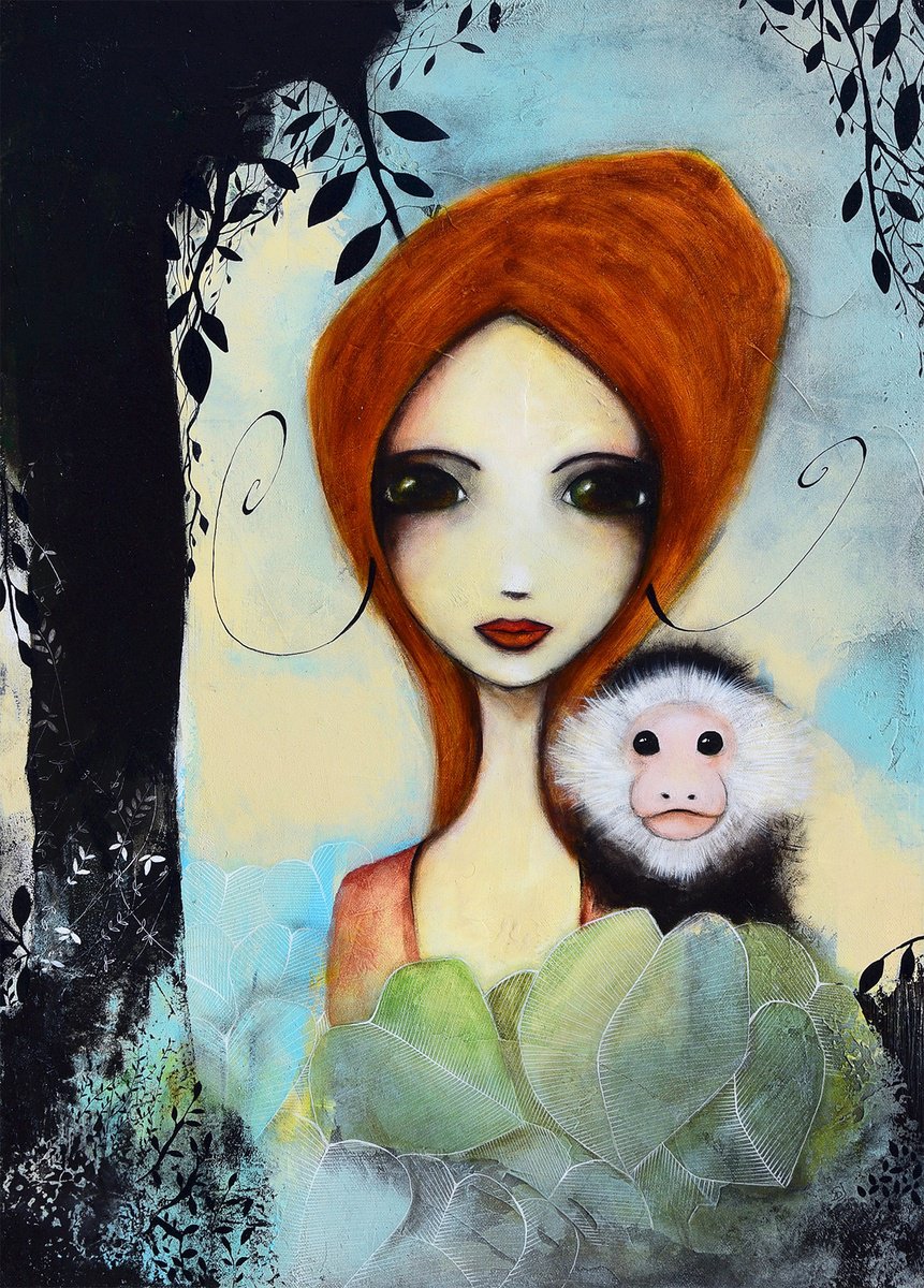 Illustrative Portrait Acrylic Painting By Armandine Js, 20 X 28, Balade Tropicale, Original Artwork