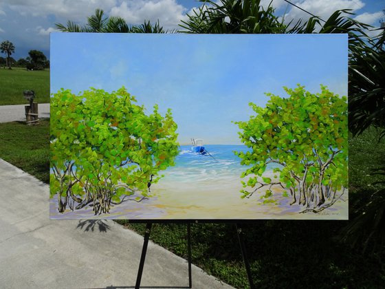 COASTAL PARADISE. SANIBEL ISLAND BEACH. Tropical Island Seascape Painting of Florida Beach and Fishing Boat.