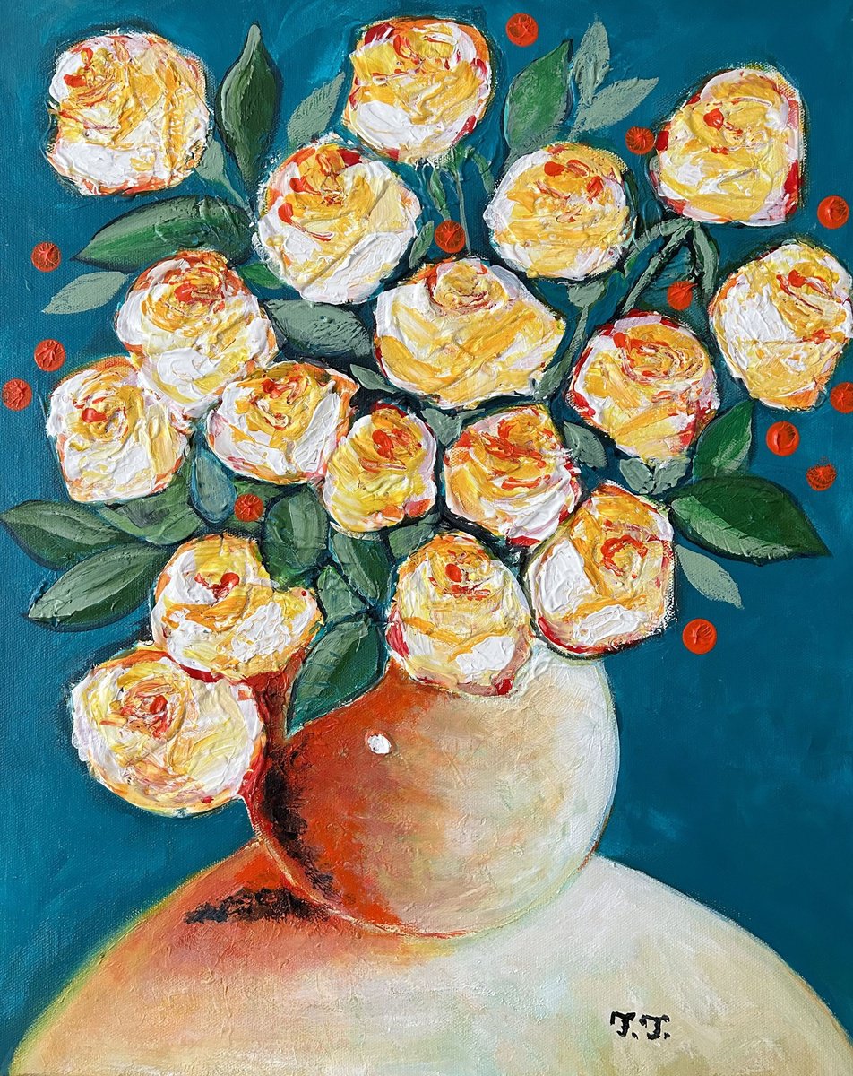 Yellow Roses in an Orange Vase by Teodora Totorean