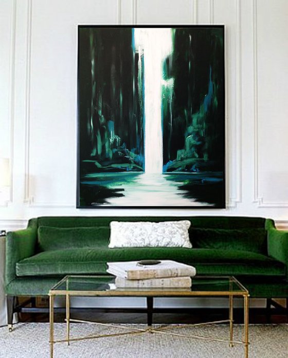 Green waterfall- large size- original painting- 100 x 81 cm (39' x 32') Ready to hang