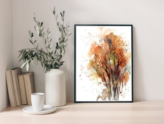 Abstract Autumn Trees, Landscape Nature Watercolor Painting, Trees Painting