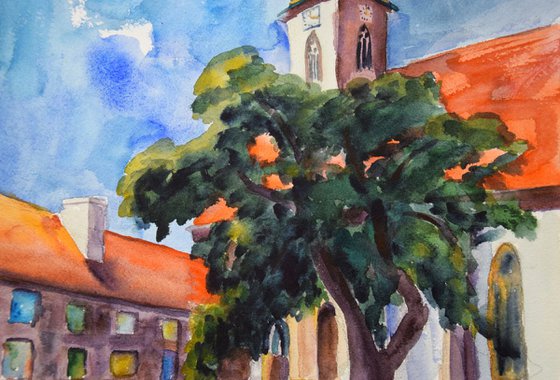 Bratislava church ORIGINAL watercolor painting, travel city gift, Slovakia Europe cityscape, plein air artwork