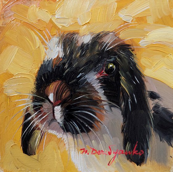 Cute rabbit painting original oil framed 10x10 cm, Small framed art black and white rabbit artwork
