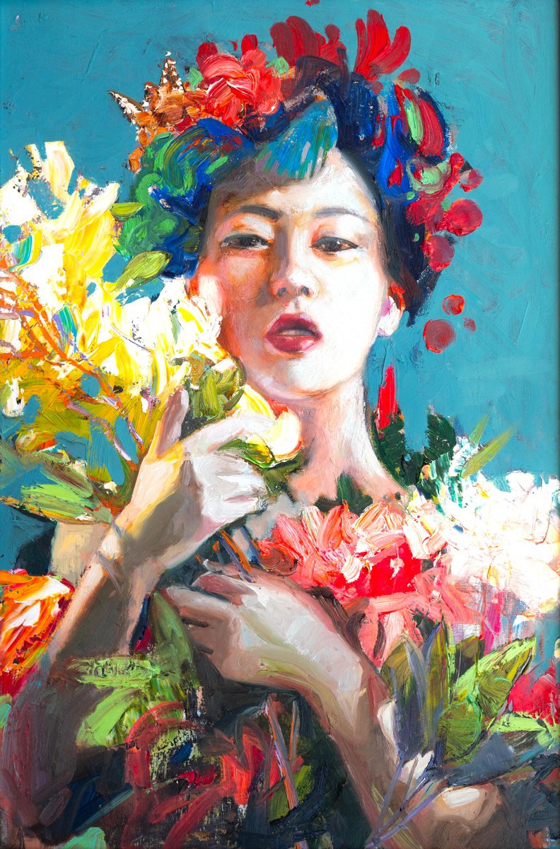 Impressionistic Portrait Oil Painting By Khanlar Asadullayev, 16 X 24", Floral Embrace, Original Artwork