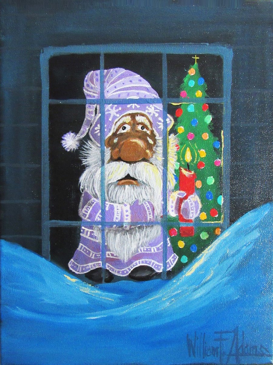 Illustrative Portrait Acrylic Painting By William F. Adams, 9 X 12", Blue Christmas, Original Artwork
