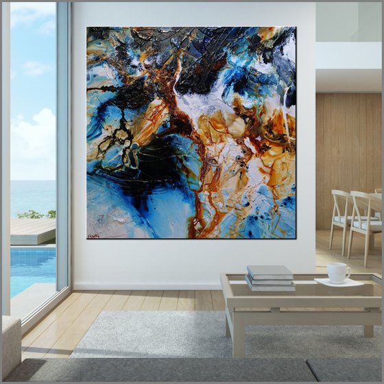 Melted Rust 150cm x 150cm Blue Black Rust Textured Abstract Art