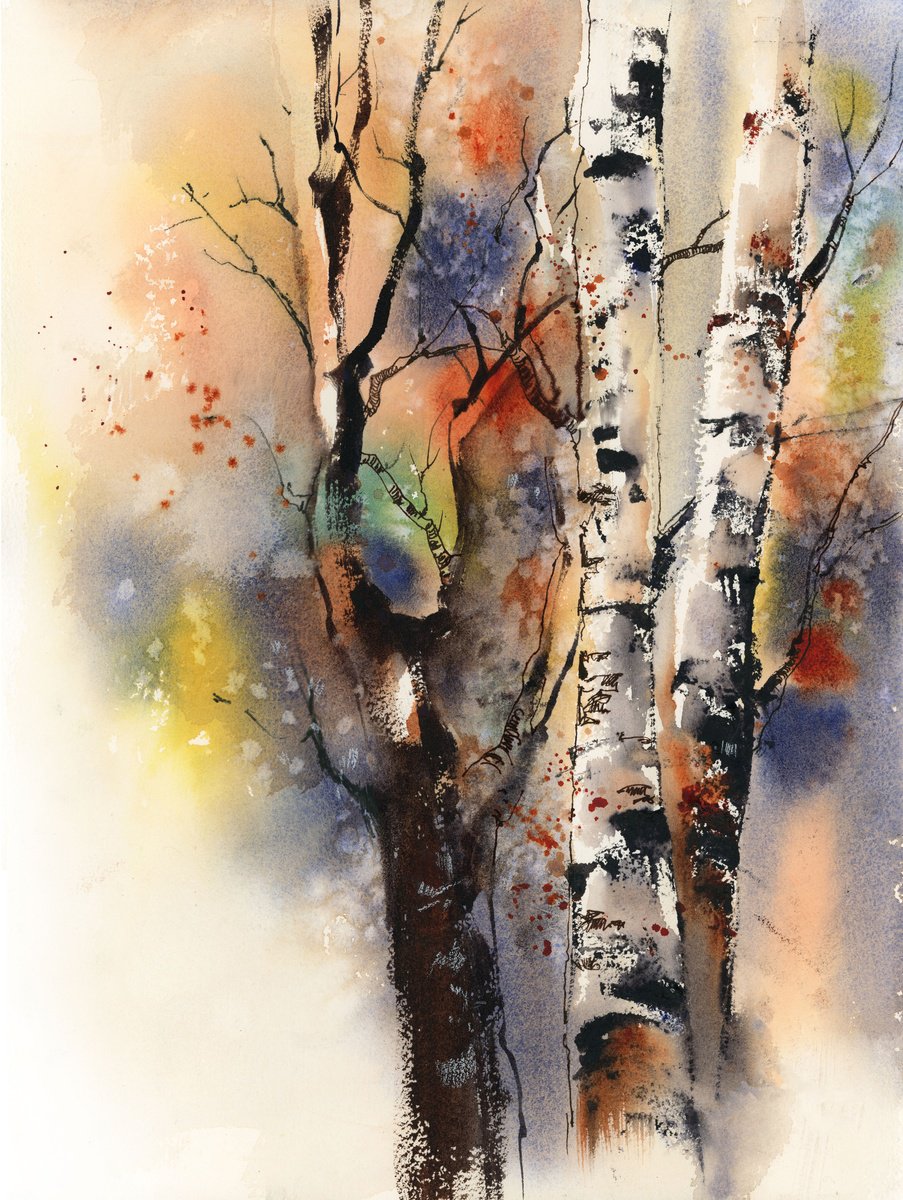 Impressionistic Landscape Painting By Sophie Rodionov, 12 X 16", Birch Trees, Original Artwork