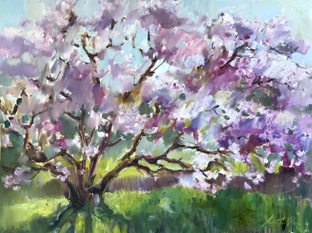 Expressive Botanical Oil Painting By Olha Laptieva, 32 X 24", Pink Spring, Original Artwork