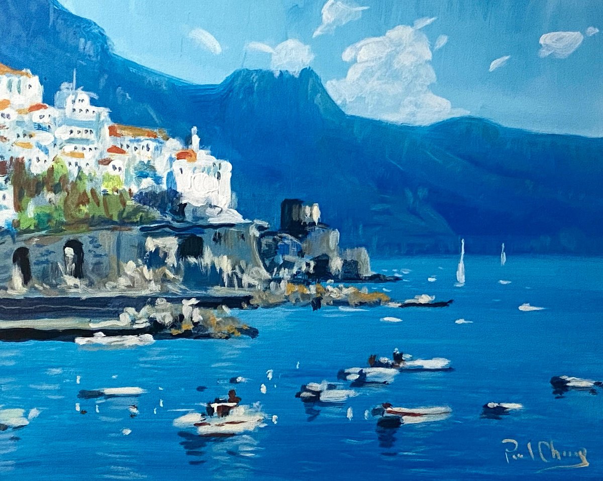 Impressionistic Cityscapes Acrylic Painting By Paul Cheng, 20 X 16", Naples Coast No2, Original Artwork