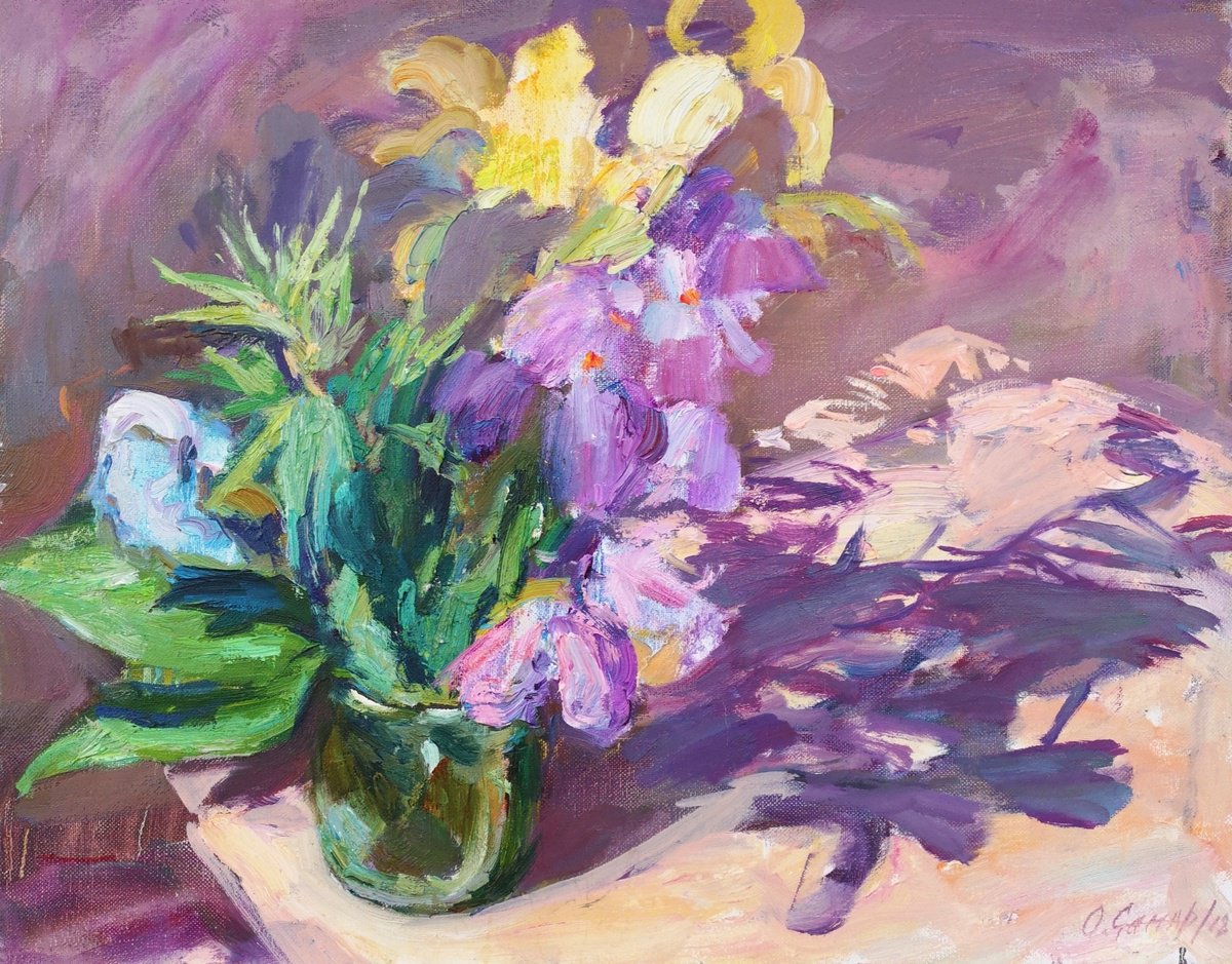 Impressionistic Botanical Oil Painting By Olga Samar, 20 X 16", Irises, Original Artwork