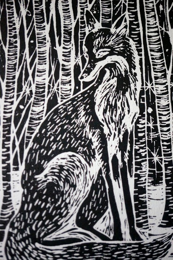 Night Fox Linocut Print