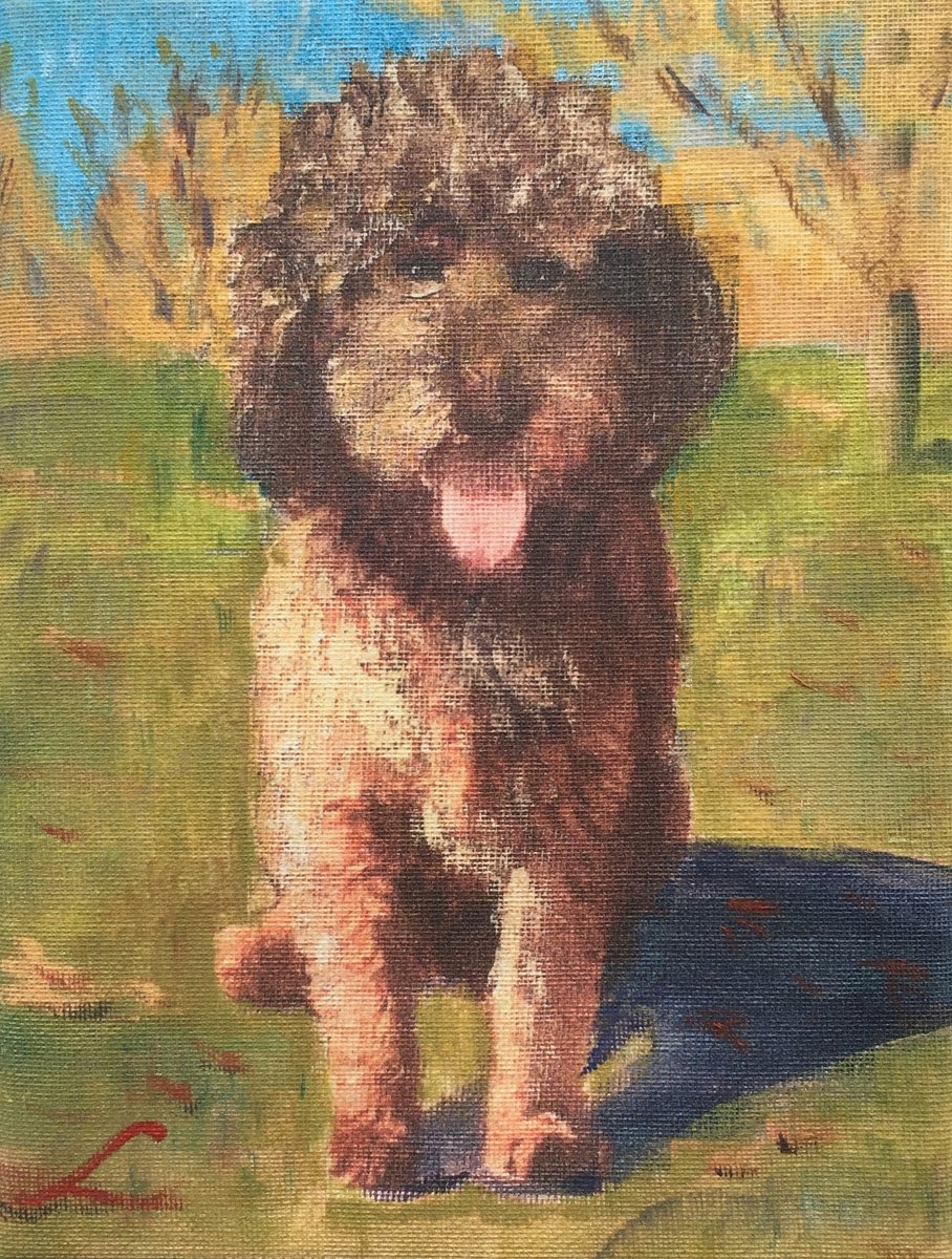 Impressionistic Animal Oil Painting By Elena Sokolova, 7 X 9, Dog In An Autumn Landscape, Original Artwork