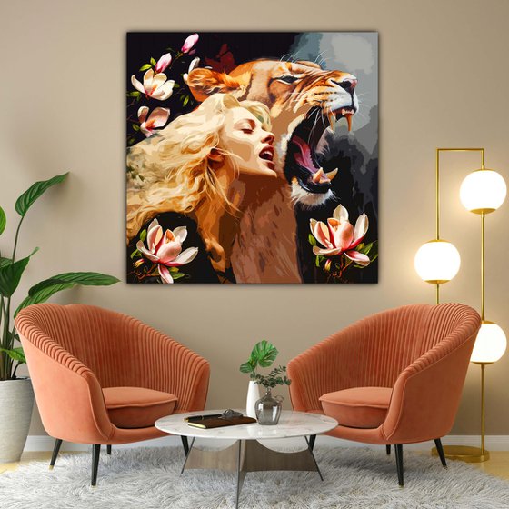 RRRrrrrr!!! Woman and lioness. Screaming woman and growling wild animal. Gift