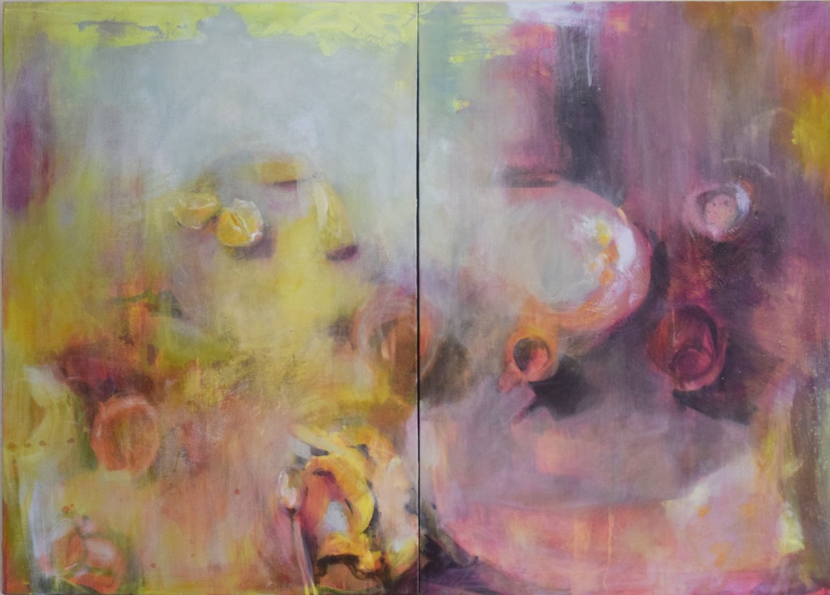 Expressive Still Life Acrylic Painting By Olga Bezverkhaya, 55 X 39", Weightless, Original Artwork