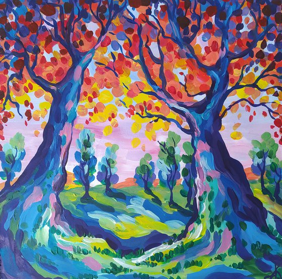 Walk among the trees - acrylic, flowers, landscape, trees, forest, painting, trees acrylic painting,  painting, landscape painting