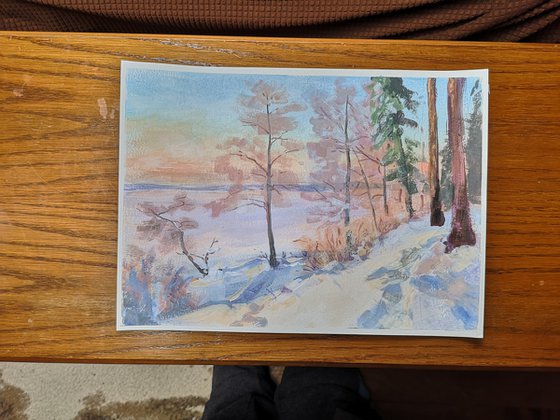 "By the frozen lake" (acrylic on paper painting) 11x15x0.1''