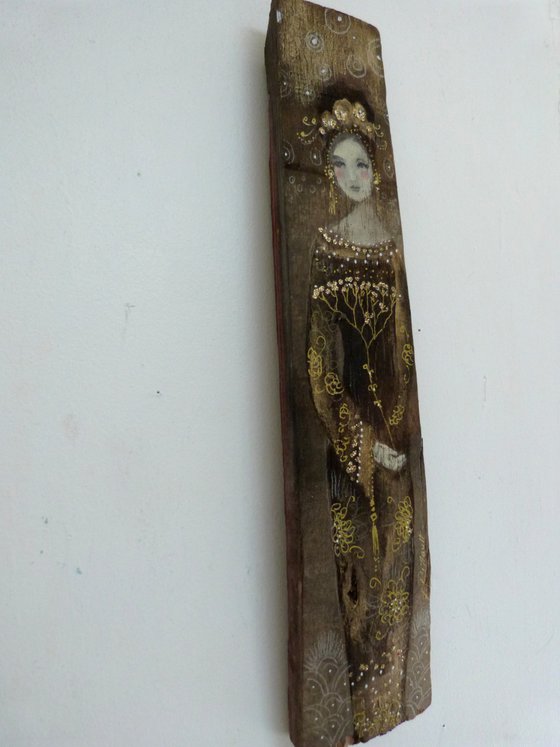 Painting on wooden stave, woman in gold and brown, Gold Umbel.