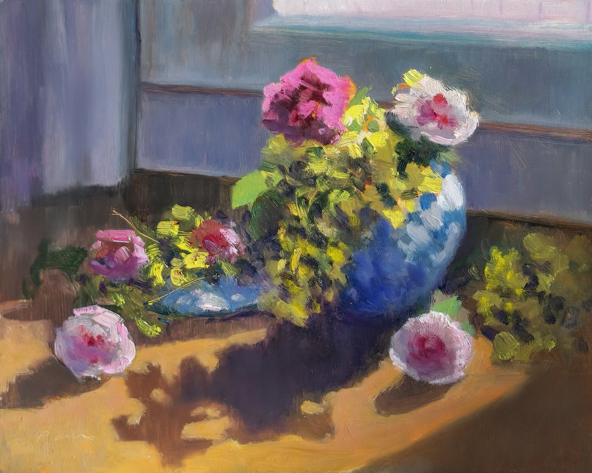 Impressionistic Still Life Oil Painting By Pascal Giroud, 10 X 8", Laburnums And Carnations, Original Artwork
