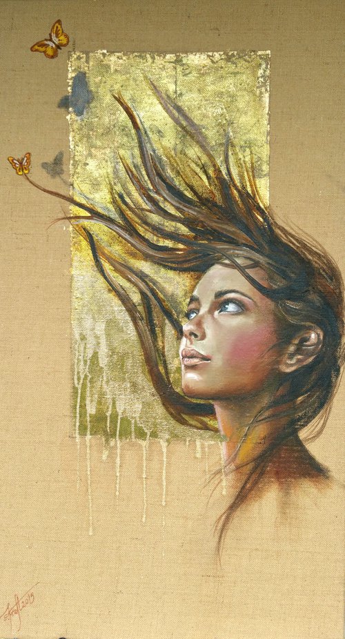 "Flying connection I " 96x52x2cm,original oil,painting on jute canvas , ready to hang by Elena Kraft