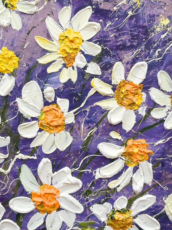 Daisy Painting Impasto Original Art Chamomile Flowers Oil Artwork Floral Wall Art 6 by 6  in