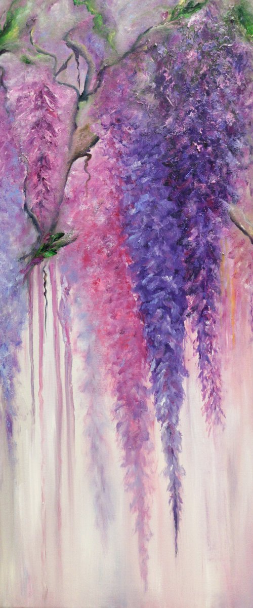 Spilled tenderness, oil painting, original gift, home decor, Flowerin, Livging Room, Wisteria, wisteria blooming, flowering tree, lilac flowers, wisteria picture, trees in bloom, gift for girl by Natalie Demina