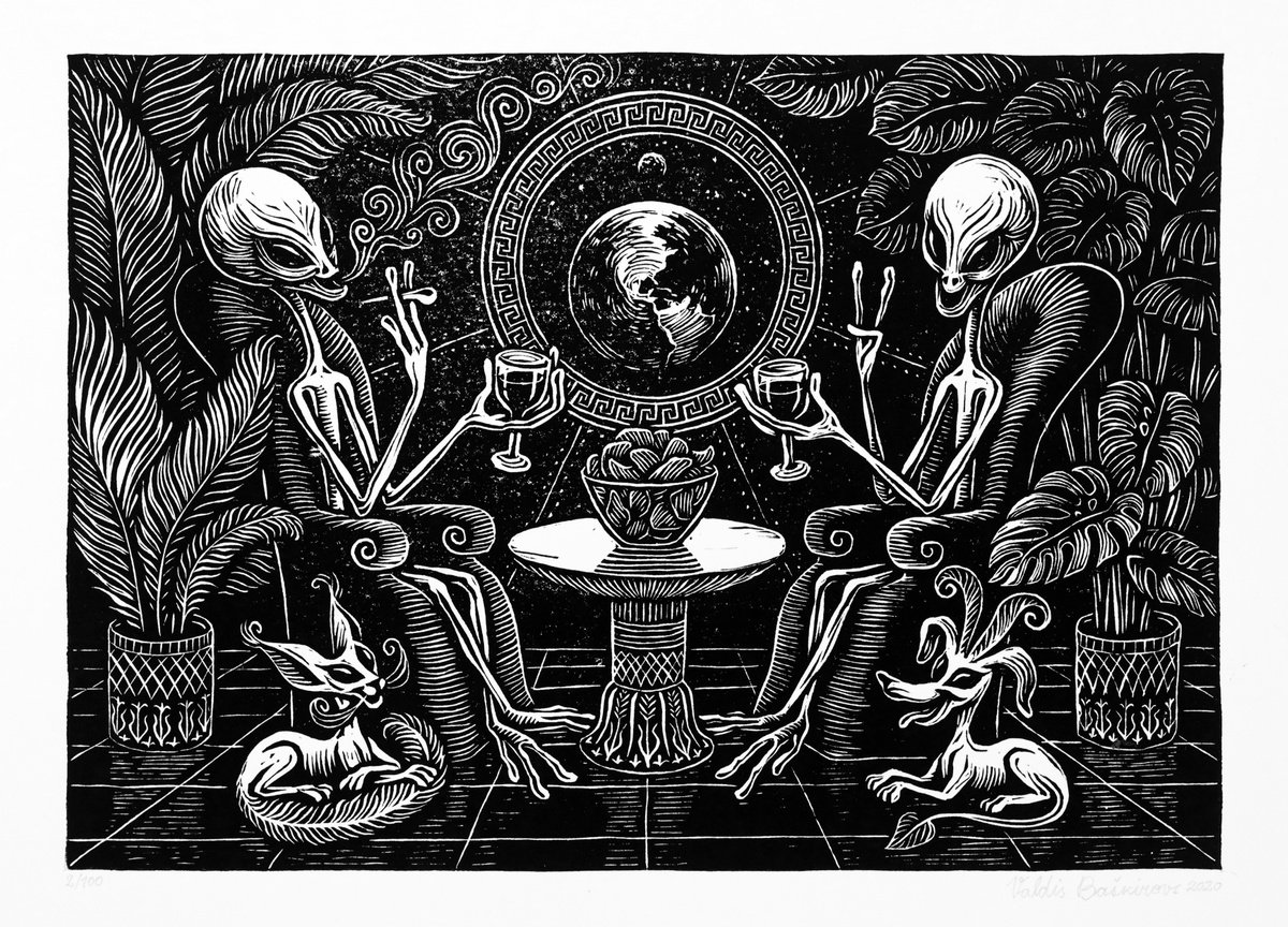 Alien couple. UFO art. Linocut print. by Valdis Baskirovs